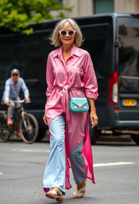 masterpiece portrait of a stylish mature woman::1.4, street photography style::1.2, contemporary fashion art::1.1, (physical description: mature woman with shoulder-length blonde-grey hair, slender build, mid-stride walking towards viewer:1.1), (facial features, expression: smiling face, eyes hidden by small white cat-eye sunglasses, sun-kissed skin:1.0), (clothing details: oversized long flowy vibrant pink silk button-up tunic shirt, light blue wide-leg cropped trousers:1.0), (accessories: long pink scarf tied around neck, small turquoise beaded top-handle bag with white floral accents, white mules with intricate floral embellishments:0.9), (background setting: blurred urban street, dark van, cyclist in background, green foliage, asphalt ground:0.9), (lighting style: bright daylight, natural, soft directional lighting:0.8), (composition and camera framing: full body, dynamic, candid, slightly low angle, subject moving towards viewer:1.0), (emotional tone or theme: confident, chic, vibrant, effortlessly elegant, urban sophistication:0.9), (technical execution: sharp focus on subject, shallow depth of field, vivid color palette:0.8).