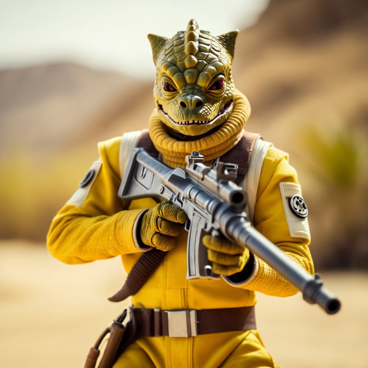 cinematic film still of  <lora:Bossk:1.2>
Bossk a reptilian creature in a yellow outfit holding a gun in star wars univers...