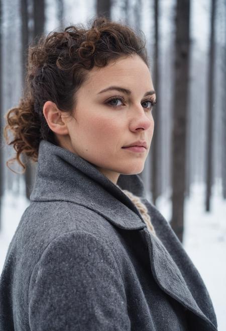 ((striking face)), ((prominent nose)), full body portrait, closeup, looking over shoulder, visible breath, 30 year old woman, brunette, short curly ponytail, (cheek and nose redness) ,natural skin, looking away, full lips, brown eyes,, forest, mist, winter, snowing, freezing (cinematic, film grain:1.1, bokeh), gray coat, white shirt, wool hat, sunset,