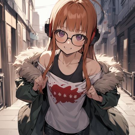 1girl, Sakura Futaba, happily looking at you on street wearing a long sleeve shirt, masterpiece, latest  <lora:futaba_xl_a3-000012:1>