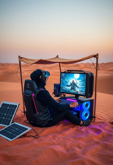 A dedicated PC gamer sits in the vast Sahara Desert, surrounded by endless golden dunes in perfect sky  . Despite the harsh environment, they are fully immersed in their setup: a high-tech gaming PC, glowing with RGB lights, a sleek monitor displaying an intense gaming scene, and a mechanical keyboard. A solar panel powers the equipment, and a makeshift shade canopy offers minimal protection from the heat. The contrast between the advanced technology and the barren, timeless desert creates a surreal and futuristic vibe, blending determination with isolation.