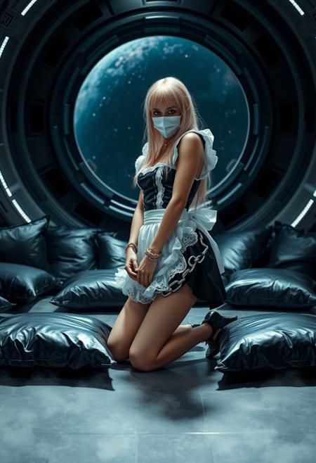 arrogant slender blonde tape muffled maid  kneeling in sexy glossy black satin  french maid  uniform  with white  lace appron, ectremely lush  white tulle petticoat,  white silk stockings, glossy  black high heels with ankle straps,   hands handcuffed,  collared to the floor with thin silver chain, surrounded by  black foil pillows, giant porthole to space at background, masterpiece, provocative, femine, long hairs, tight clothes,  ultra thin whaist, silk and satin, latex, absurdres,  polished steel floor, fog from the floor, masterwork, realistic, space_station,  indoors, dim_lighting, high_contrast, solo, french maid planet, females enslaved by robots, abducted by aliens, sci-fi, horror
