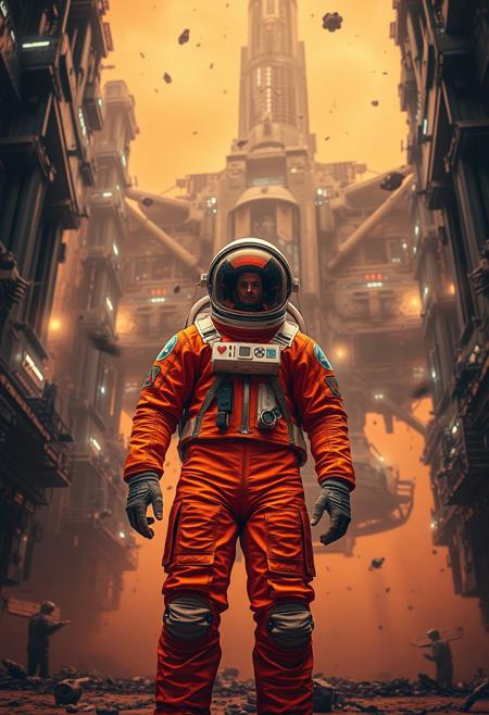 A cinematic shot of an astronaut in a vibrant orange spacesuit standing in the foreground, with a massive, intricate space station or spacecraft as the backdrop. The space station is adorned with numerous lights, windows, and technical details. The astronaut's suit is equipped with various gadgets and patches. The atmosphere is filled with floating debris and a hazy orange hue, suggesting either a celestial event or a post-apocalyptic setting.