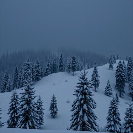 Snowy Hills, Pines Trees, Heavy Snowfall, Nighttime