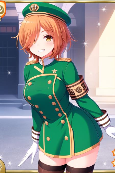 (masterpiece, best quality), highly detailed background, perfect lightingbest quality, yoshinagawakana, solo, outdoors, military, orange hair, brown hair, short hair, hair over one eye, yellow eyes, brown eyes, breasts, green dress, uniform, <lora:GoodHands-vanilla:1>, armband, white gloves, assault rifle, black thighhighs, military uniform, smile, grin, pink lips, <lora:Yoshinaga-Wakana:0.7>