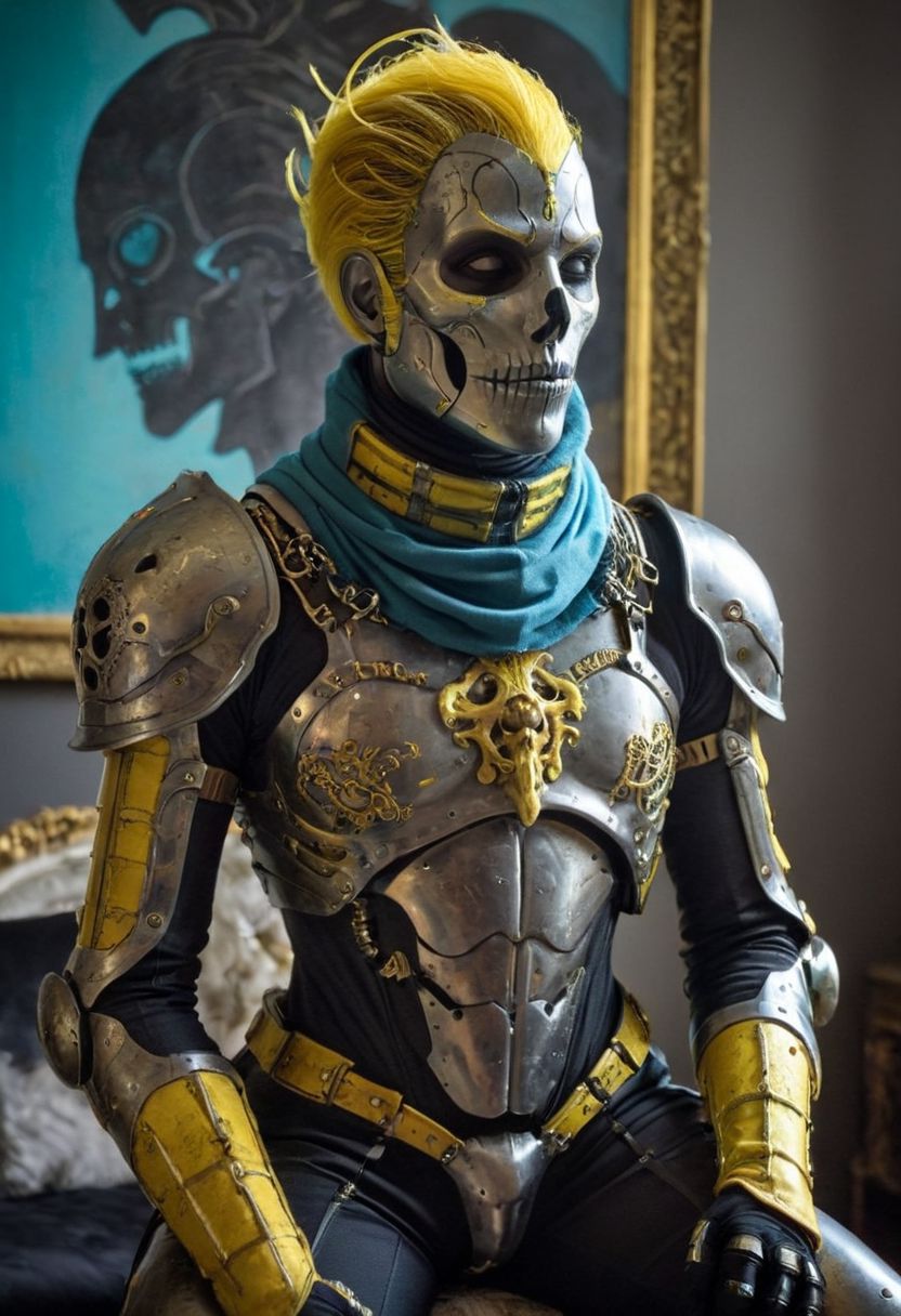 amazing quality, masterpiece, best quality, hyper detailed, ultra detailed, UHD, perfect anatomy, portrait, dof, hyper-realism, majestic, awesome, inspiring, dark medieval Science fiction Style - Capture the essence of nostalgia and futuristic fusion in this vibrant snapshot: A bold Cyborg knight detailed Iron armor bound By wires, Strings and luminous hoses, resembling Jojo jonathan joster, his metallic face, neck, and exposed skin areas adorned with weathered sss blue-turqoise tones, a testament to time, battle and sunlight. With arms raised in greeting, she embodies a blend of retro charm and cybernetic allure.. cinematic composition, soft shadows, national geographic style, bw-grignani, emphasis lines, horizontal perfect bold lines, perfect align lines, Capture the enigma: a Knight resembling Jonathan joster sits regally on a lavish throne, his arms casually draped over its ornate arms. Adorned in a iron plaster skull Mask and a yellow-grey high collar scarf, paired with fur and keather gloves, he exudes a captivating contrast. Her ensemble is completed with a translucent DARK luminous Neon magenta-yellow Skull in his Hand and a Large voluminous trailing black tulle train. Amidst the opulent surroundings of a kentaro Miura inspired room infront of a huge painting of a simplified cute cat, he embodies a fusion of mystery and elegance.. with endless lines guiding the eye.