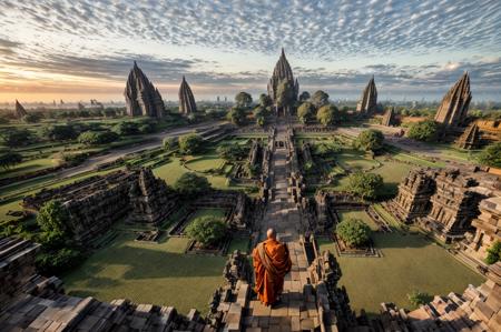 landscape, a monk in front of candijateng prambanan at dawn, epic, fog, temple stone, ornament, ornate, details, forest, dim light, mountain, <lora:ARWCandiJateng:1>,  advntr, <lora:epi_noiseoffset2:1>