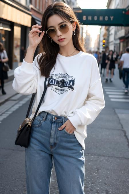 8k, highest quality, ultra details, Emma, European-American beauty, woman, casual street style, effortless coolness, embracing individuality and self-expression.