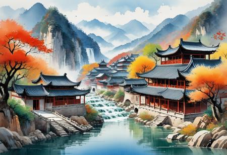 a watercolor painting of Chinese village on the bottom of a mountain scene with a river in the foreground, a detailed painting,  soft colorful picture, chinese building, autumn mountains, digital art - w 700, with trees and waterfalls, beautiful and aesthetic. by Liu Chenyang and Wu Guanzhong and Zhang Daqian