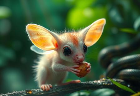 furry little translucent mammal in a rain forest zoomed in, rainbow of light reflection off dew, green and vivid colors, wild fog, large eyes, transparent body, invisible like a jelly fish, huge ears, cute, adorable, eating a nut, fungal hair, see through, wings, amazing atmosphere, snake in background, mystical realm, floating orbs of light