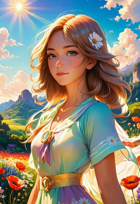 Side view of 1girl standing in a vast sunlit field of wildflowers (daisies, poppies, lavender), gazing toward distant snow-capped mountains under a bright blue sky with soft cumulus clouds. Golden hour sunlight bathes the scene in warm tones, creating long shadows and delicate lens flares. Her flowing hair and summer dress ripple in a gentle breeze. Ultra-detailed 8K anime-style illustration with Studio Ghibli-inspired colors, Makoto Shinkai lighting effects, and depth of field (foreground flowers slightly blurred). Composition emphasizes the expansive landscape with the girl positioned off-center using the rule of thirds.