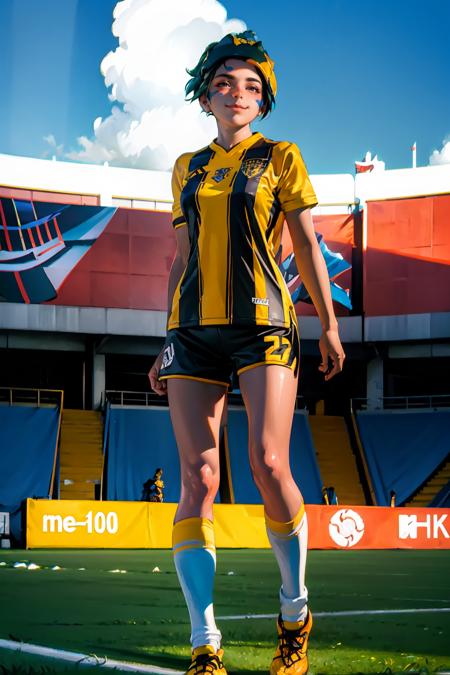 (extremely detailed CG unity 8k wallpaper), (best quality), (ultra-detailed), (best illustration), 1girl, detailed soccer stadium, outdoors, beautiful sunlight, soccer uniform, shorts, socks, soccer,  green field, smiling,  <lora:kriko:1>, facial mark,  <lyco:strongestclub-10:0.8>, strongestclub