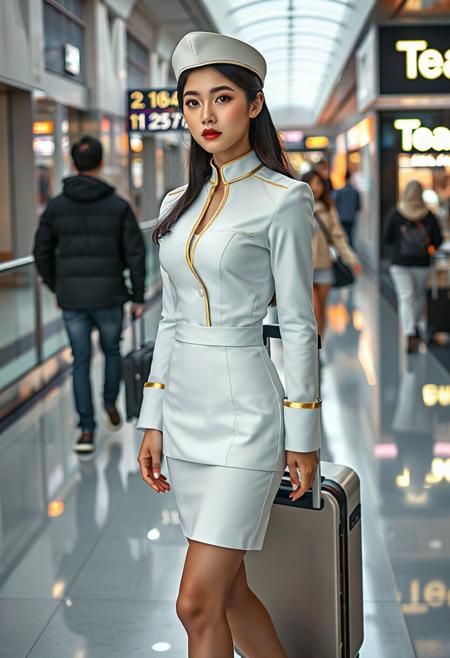 DSLR-style, glamorous and elegant 26-year-old Korean woman with flawless pale skin and natural glow. Subtle facial features, parted lips, soft expression. Masterpiece, ultra high-res.  
<lora:NOOB_vp1_detailer_by_volnovik_v1:1>  
realistic skin texture with visible pores under soft lighting, porcelain-like translucency, full body composition.
She is wearing a form-fitting white uniform reminiscent of a high-class airline crew, featuring gold-trimmed cuffs and a tailored short skirt that highlights long legs. A matching peaked cap rests neatly on her styled hair. Her blouse is sharply cut with a deep neckline, subtly suggesting curves underneath.  
The setting is a sleek, modern airport terminal or luxury shopping mall. Reflections bounce off the translucent flooring beneath her feet, revealing faint outlines of the level below. A premium-looking rolling suitcase stands beside her, reinforcing the impression of poised mobility.  
In the background, casually dressed passersby move through the brightly lit space — one in a dark jacket and jeans, another in a cream-colored hoodie and pants. Illuminated signage with numbers and the glowing brand logo of a tea shop add urban context.  
Capture the visual tension between stillness and motion, elegance and suggestion. Focus on textile texture, fabric tension, floor reflection, and ambient light realism.