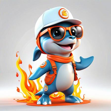 Full body, luxurious sunglasses and hat, excited and happy expression, cute and lovely baby dolphin with fire suit on body, expresses various movements, 2d cute, happy, fantastic, dreamy, illustration, 3d three-dimensional, centered, Professional, smooth, modern and cool. It has graphics, line art, and a white background.