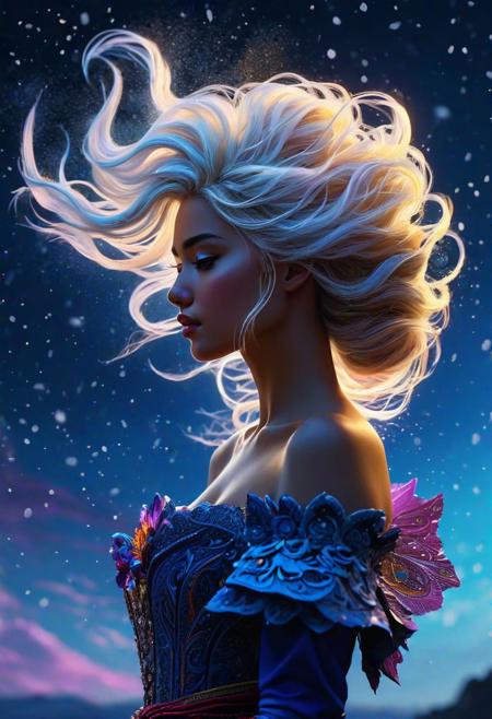 abstract style 2girl,(from side),(silhouette:1.2),profile,big hair,masterpiece,best quality,light particle,depth of field,field,scenery,fantasy,indigo light,(far away:1.1),cute girl,midriff,tribal sash,pastel colors, Traveler,yearning to explore the ends of the world to discover its wonders and help its denizens,by Andy Kehoe,(Glowing ambiance, enchanting radiance, luminous lighting, ethereal atmosphere, mesmerizing glow, evocative hues, captivating coloration, dramatic lighting, enchanting aura), ink painting, ((moon:1)), (masterpiece, top quality, best quality, official art, beautiful and aesthetic:1.2), (1girl:1.4), extreme detailed,(joshua middleton comic cover art:1.1), (Action painting:1.2),(concretism:1.2),theater dance scene,(hypermaximalistic:1.5),colorful,highest detailed, ,cloudy sky, night,flying in the sky, floating hair, full body, (masterpiece, best quality, high quality, highres, ultra-detailed),
f feelings, imaginative, highly detailed
 ultra detailed, sharp focus, best quality, masterpiece, colorful, avalanche, (glow:0.4), hands risen, glow from below, messy long white hair, night time, (heavy blizzard:1.6), volumetric lighting, best quality, masterpiece, intricate details oil painting