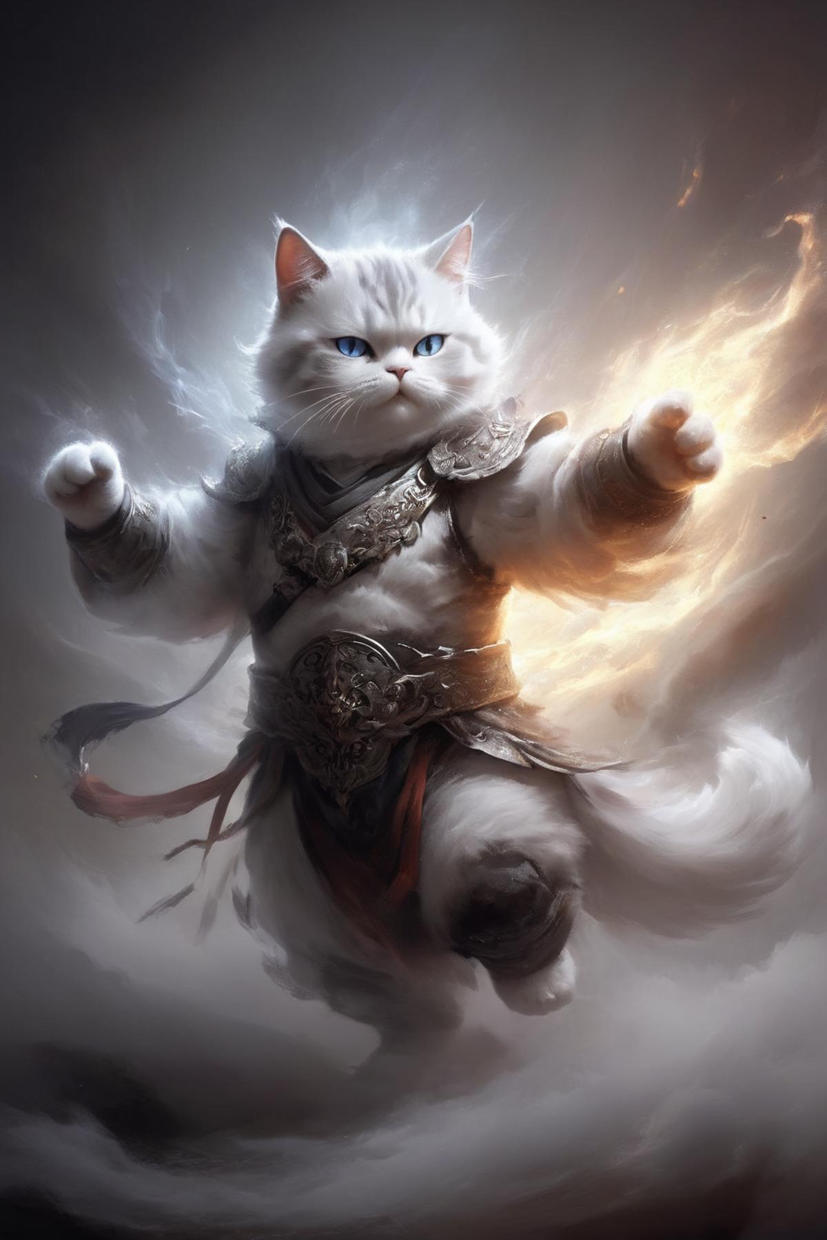 A white cat with blue eyes is wearing a knight's costume, holding a sword in its paw and flying through the air.