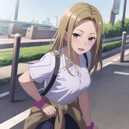 best quality, (masterpiece:1.2), highly detailed, outdoors, day, park,
1girl, solo, <lora:chara_HigeHiro_YuukiAsami_v1:0.8>, yuuki asami,
looking at the viewer, medium breasts, slight smile, open mouth, gyaru,
brown eyes, blonde hair, long hair, dark skin, school uniform, wrist scrunchie, sweater around waist, pleated skirt