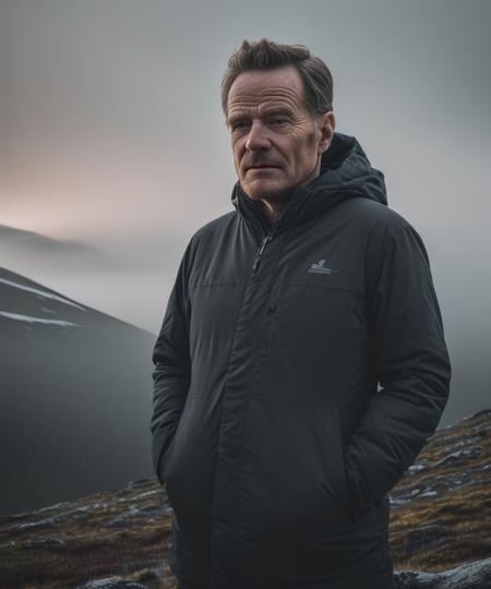 (Masterpiece Photo:1.3) of (Ultra detailed:1.3) (8k, RAW photo, highest quality),1man,aged up,bryancranston,standing in the Norwegian mountains, (misty mountains), (detailed eyes:0.8), (looking at the camera:1.4), (highest quality), (best shadow), intricate details, interior, (), dark studio, muted colors, freckles,Highly Detailed
 <lora:bryancranston:0.9>