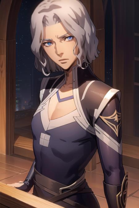 hector, grey hair, short hair, blue eyes, long sleeves, bandages,