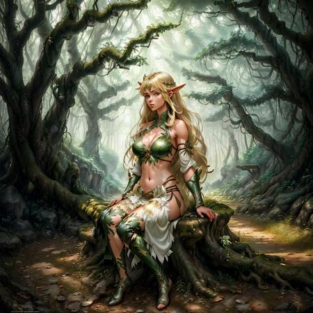 masterpiece, best quality,1girl,   <lora:unstabledreamX:0.7>   a woman in a white dress holding a sword and a demon behind her back in a forest with trees, 1boy, 1girl, against_tree, bare_shoulders, bare_tree, blonde_hair, branch, breasts, bush, cleavage, dappled_sunlight, day, elf, foliage, forest, grass, green_eyes, in_tree, large_breasts, long_hair, nature, navel, outdoors, palm_tree, park, path, pointy_ears, pond, sitting_in_tree, tree, tree_shade, tree_stump, under_tree, very_long_hair, weapon