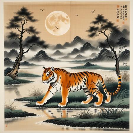 Sinoink, score_9, score_8_up, score_7_up, score_6_up, score_5_up, score_4_up score_9,score_8_up, a realistic Tiger on a Grass Plains by Crescent Moon