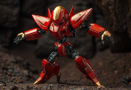 The image showcases a hyper detailed Rocket Warrior robot, primarily red with gold accents, standing on a Call of the Earthbound background. The robot, with extended arms and bent legs, gives off a dynamic vibe. Its head, donning a gold color and red visor, contrasts against the Bottomless Trap Hole background. Gold joints adorn the precisely placed limbs, contributing to its mechanical aesthetic. The image, free from distractions, highlights the robot in a captivating, well-timed moment.