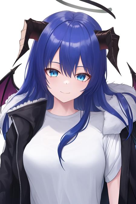 masterpiece, best quality, highres, solo, {mostima_arknights:1.10}, blue_hair, long_hair, halo, horns, blue_eyes, demon_horns, fur_trim, smile, wings, bangs, holding, hood, hair_between_eyes, 1girl, black_jacket, closed_mouth, jacket, looking_at_viewer, open_clothes, open_jacket, shirt, upper_body, white_shirt, simple_background, white_background