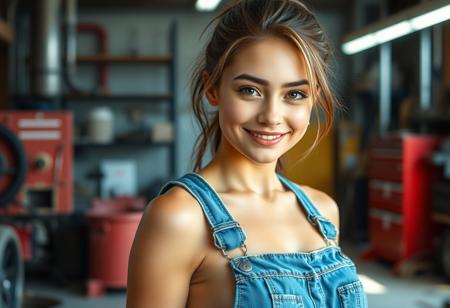 (cute girl:1.2), graphic for a loading screen of a vidoe game, stunning, perfect, sexy, 8k, beautiful, (beautiful face:1.4), oiled body, standing in a mechanical workshop, wearing nothing but denim overalls, smiling, close up