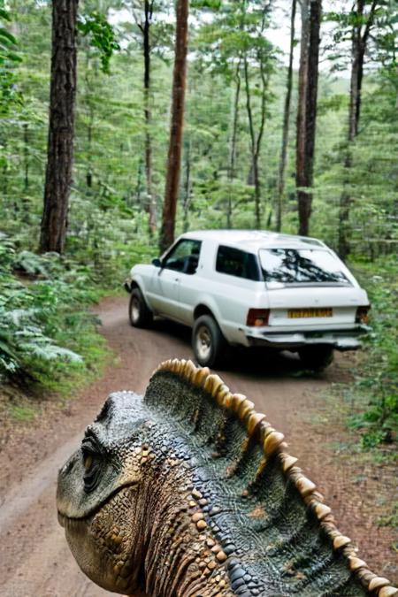 a photo shot Over the shoulder, in the point of view from the back of a dinosaur's head close-up on the lower side of the shot cropped, a car is in the background, in the woods in a forest<lora:HeadPOV_from_behind_vk1-000018:0.85>