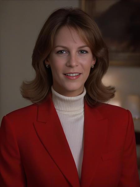 UHD, 4k,a young girl supermodel Laurie_Strode, age 20,<lora:Laurie_Strode:0.7> wearing turtle neck shirt, red pant keyhole suit for girl, perfect skin, young  Laurie Strode , conservative formal attire,  long brown hair, great full 80s hair,(masterpiece:1.2), (best quality:1.2), ultra high res, beautiful, (intricate details), flirty, happy, slutty, unity 8k wallpaper, ultra detailed, aesthetic, perfect lighting, studio lighting, rim lighting, hair lights, alluring lighting, professional photograph,  alluring teen award-winning photo by trading places ,close-up of jamie lee curtis, true lies, perfect