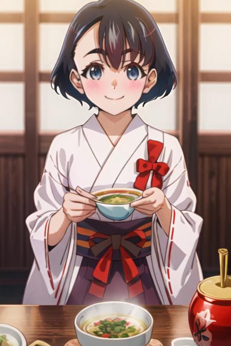 best quality, masterpiece, highres, solo, {koganeikoito_edomaeelf:1.15}, short_hair, black_hair, blush, blue_eyes, ribbon, neck_ribbon, blue_hair, 1girl, blurry, blurry_background, japanese_clothes, kimono, closed_mouth, looking_at_viewer, smile, bangs, upper_body, holding, white_kimono, chopsticks, cup_ramen, food