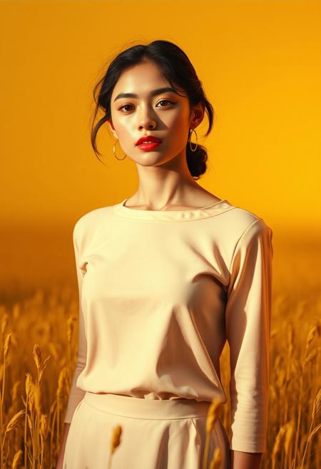 A young woman standing in a golden field, minimalist still life meets theatrical impressionism, vibrant color blocking, dynamic composition, modern design with vintage drama, expressive lighting, structured geometry, soft pastel textures, stylized urban scenes, surreal object arrangements, elegant figures in motion, stage-like settings, crisp contemporary aesthetics, painterly atmosphere, emotional abstraction, clean design infused with narrative flair, visual poetry through shape and gesture