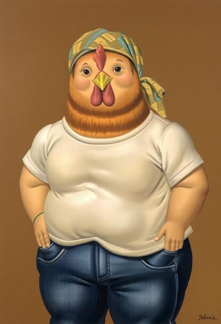 A high-quality fernandobotero1 painting of an anthropomorphic plump brown female hen dressed in a white, cotton, crewneck t-shirt, untucked over 50s-style workwear jeans and a colourful 40s-style headscarf. Posed face on to the viewer.