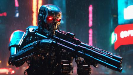 T-800 exoskeleton, aiming pistol, action, looking at viewer:1.3, cyberpunk, cyberpunk reimagined, cybernetic enhancement, night, heavy rain, wet, neon lights, (full body shot:1.2), (looking along street view:1.1), dystopian, cinematic masterpiece, 8k, HDR, photorealistic, best quality, high quality, masterpiece, hyper-realistic.