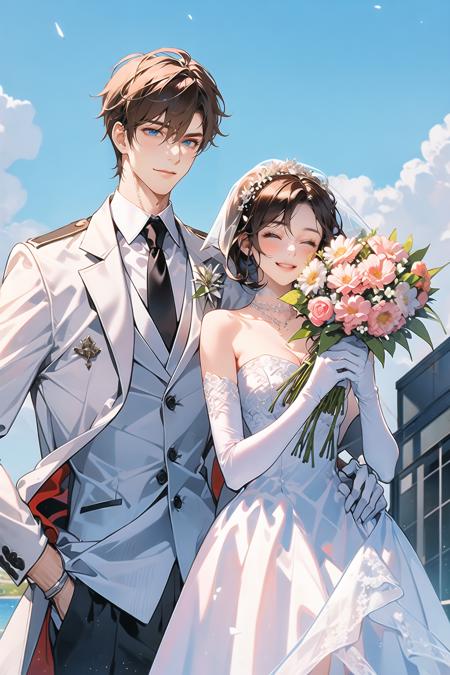 1girl, 1boy, dress, brown hair, wedding dress, jacket, hetero, necktie, couple, smile, strapless dress, closed eyes, pants, strapless, veil, flower, long hair, holding, jewelry, gloves, shirt, necklace, bouquet, white pants, holding bouquet, white dress, blue eyes, white shirt, open jacket, holding hands, elbow gloves, white gloves, white jacket, pink necktie, bridal veil, white background, wedding, husband and wife, long sleeves, long dress, pink flower, floating hair, short hair, standing, open clothes, collarbone, sleeveless <lora:hunli:0.6>