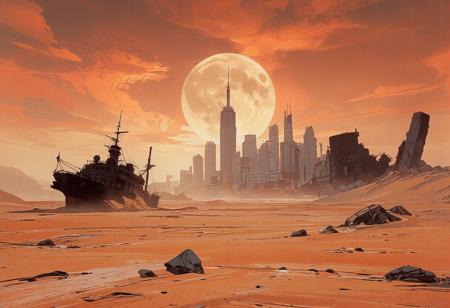 We are in the future, on Earth. Due to climate change, the water has evaporated, and the planet now resembles Mars. From ground level, we see the vast desert that was once the Atlantic Ocean—now an endless expanse of sand and jagged rock formations.
A very old commercial ship lies stranded in the sand, almost entirely buried. Beside us, the arm of the Statue of Liberty emerges from a sand dune. In the distance, the remains of Manhattan’s skyscrapers stand in ruins, completely overtaken by the shifting sands.
The sun is not visible, as it is rising behind us, while a massive moon sets ahead, sinking behind the crumbling skyscrapers. The sky is painted with stunning hues of orange and blue, like the colors of dawn, with the large moon still visible above the horizon.