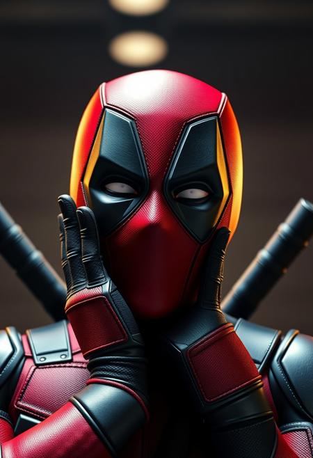 Deadpool doing a cute pose with a happy expression, smiling under his mask, best quality, realistic, cinematic lighting, hyperrealistic, perfect quality