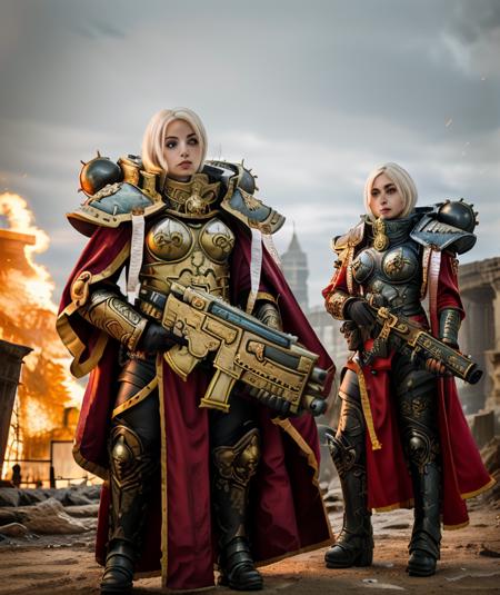 high quality photo of standing whsororitas with bolter in hands <lora:whsororitas_v4:0.6>, 1girl, flaming city ruins in background, dust and smoke, atmospheric lighting, polished gold metal, white paper scrolls with text, red wax seals, saturated colors, Charlise Terion face, star trek cinematic,warhammer 40k, beautiful face, detailed face