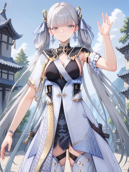 ((jinshi:1.3)), 1girl, jewelry, dress, long hair, twintails, mole on thigh, earrings, ribbon, hair ribbon, mole under eye, grey eyes, thighhighs, hair ornament, grey hair, blunt bangs, belt, (thigh straps:1), 