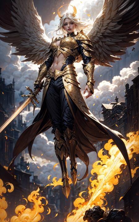 angel,Super powerful flame angel flies out of the clouds, behind him is golden meteor magic surrounding his body, Gothic style, gorgeous golden armor, huge flame great sword, rich background, sword art background, film shooting, depth of field, Super visual, Super visual ,
bare shouldersexposed abdomenFlamboyant armourAngel wings. Huge angel wings
<lora:~Q?-]RQY'Y)OV2 angel:0.8>