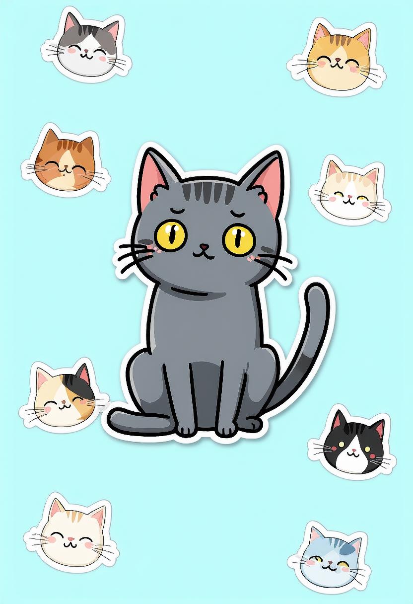  a digital drawing in a cartoon style, featuring a large, round sticker in the center containing a gray cat with bright yellow eyes and a neutral expression, the cat is sitting upright, with its front paws resting on its lap and its tail curled around its body, surrounding the cat are smaller, round stickers in various colors, each featuring a different cat's face, ranging from happy to sad, with the cat's eyes looking directly at the viewer, the background is a light blue, providing a clean and minimalistic contrast to the vibrant colors of the cats, the stickers are arranged in a grid-like pattern, with each cat's head facing slightly to the left, creating a visually appealing and playful design, the overall style is playful and whimsical, with clean lines and a soft, pastel color palette, typical of modern digital art, the image exudes a sense of calm and contentment, with a focus on the cute cat's expressive faces and the simple, clean background








