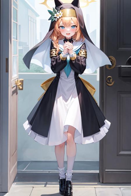 masterpiece, best quality, ultra-detailed, 1girl, 1girl, bangs, black footwear, blue neckerchief, blush, braid, dress, flower, full body, habit, halo, hat, long sleeves, looking at viewer, mari, neckerchief, nun, open mouth, own hands together, sailor collar, shoes, single braid, smile, socks, solo, white sailor collar, white socks, standing <lora:mariV1:1>