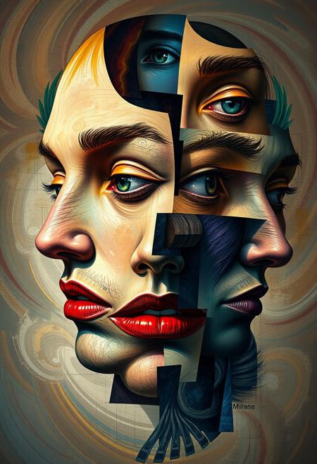 "Hyper-realistic depiction of a fragmented, cubist-inspired face, with multiple, overlapping profiles and features. Each fragment is a different color and texture, blending together to create a dreamlike, surreal effect. Eyes are scattered throughout the composition, some open, some closed, while mouths and noses are distorted and abstracted. The background is a swirling, gradient-like mixture of colors, evoking a sense of dynamic energy and movement. Style: extremely detailed, hyper-realistic, and abstract, with a focus on capturing the complexities and nuances of facial expression."
