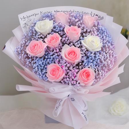 bouquet,pink rose,blue gypsophila paniculata,white rose,white packing, <lora:BouquetLatin_V13:1>