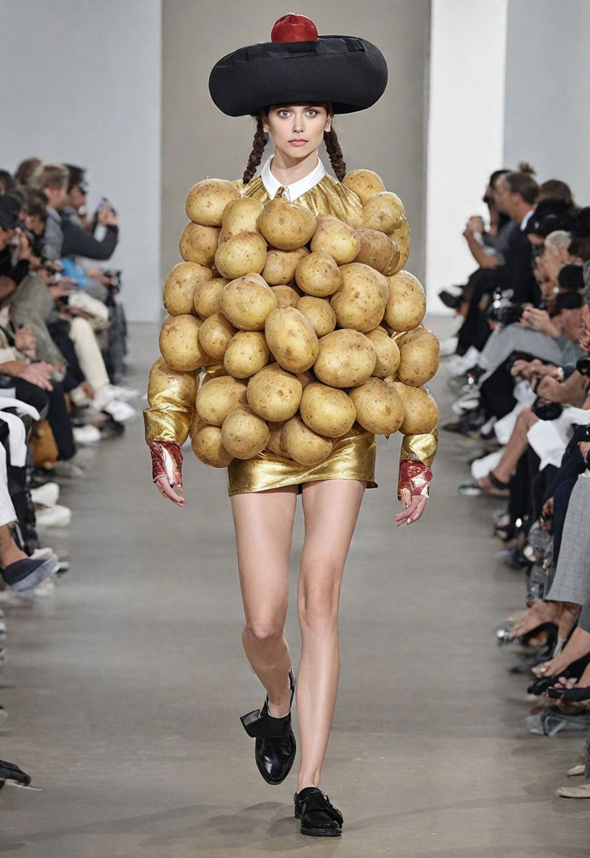 A woman wearing a potato dress is walking down a runway.