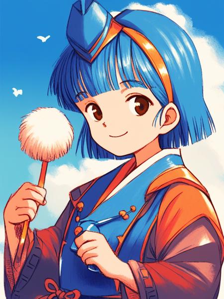 Kuku_Low_Tam, 1boy, solo, blue hair, short hair, hat, bangs, brown eyes, hairband, hair ornament, child, pom pom (clothes), long sleeves, japanese clothes,