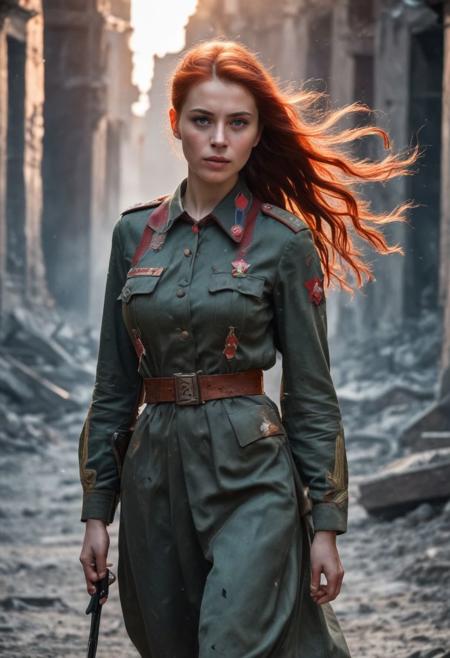 Beautiful Soviet woman soldier in WWII style, Intricately Designed Soviet brown military uniform, ultra-realistic body, realistic dirty face, bloody battle full of dirt and blood, fighting position, wavy red hair, Realistic blue eyes, big beautiful pupils, 8K, fire, dramatic war atmosphere, cinematic lighting, a stark scene from the heat of battle