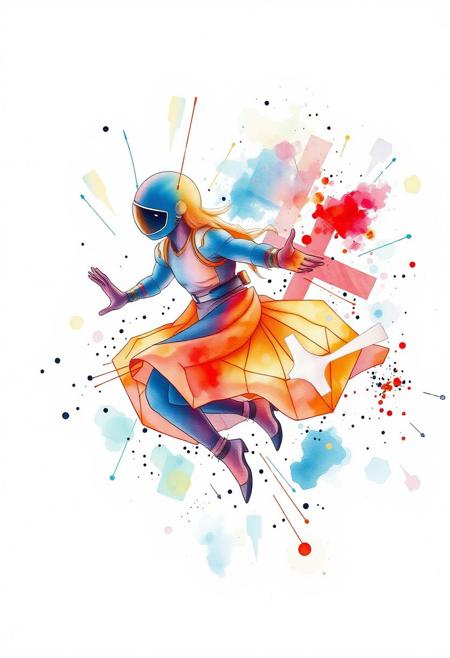 A delicate watercolor painting dynamically in motion, featuring whimsical illustration, geometric abstraction, architectural precision, and cyberpunk neon aesthetics. The style uses vibrant colors, clean lines, intricate detailing, atmospheric lighting, and surreal minimalism. The playful yet structured composition creates a cinematic mood, with futuristic design, expressive forms, and dynamic contrasts. The image shows blurred lines, action poses, translucent washes, and fluid brushstrokes.