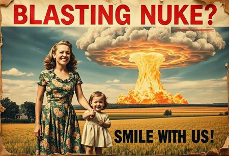 “A decayed, vintage-style poster from 1957, weathered and torn, depicting a surreal American country scene. The faded image shows a woman in a floral-patterned 1950s dress holding her young daughter’s hand, her wide, mad smile radiating an eerie charm. In the far background, a massive nuclear mushroom cloud dominates the sky, with fiery orange fireballs at its base and visible blast waves rippling through the landscape. The poster’s bold text, ‘BLASTING NUKE?’ across the upper section and ‘SMILE WITH US’ in the lower section, is faded, smeared, and inked with scribbles and stains. The paper appears rotten, with tears, creases, and discolored edges, evoking a haunting sense of abandonment and decay, adding to the unsettling atmosphere of the piece.”