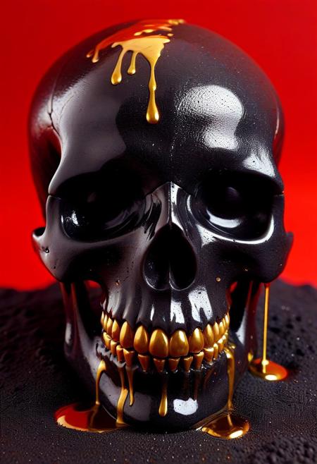 obsidian skull with liquid gold dripping down it ObsidianSand, Smooth_Quality, mobe-godeen, red background.